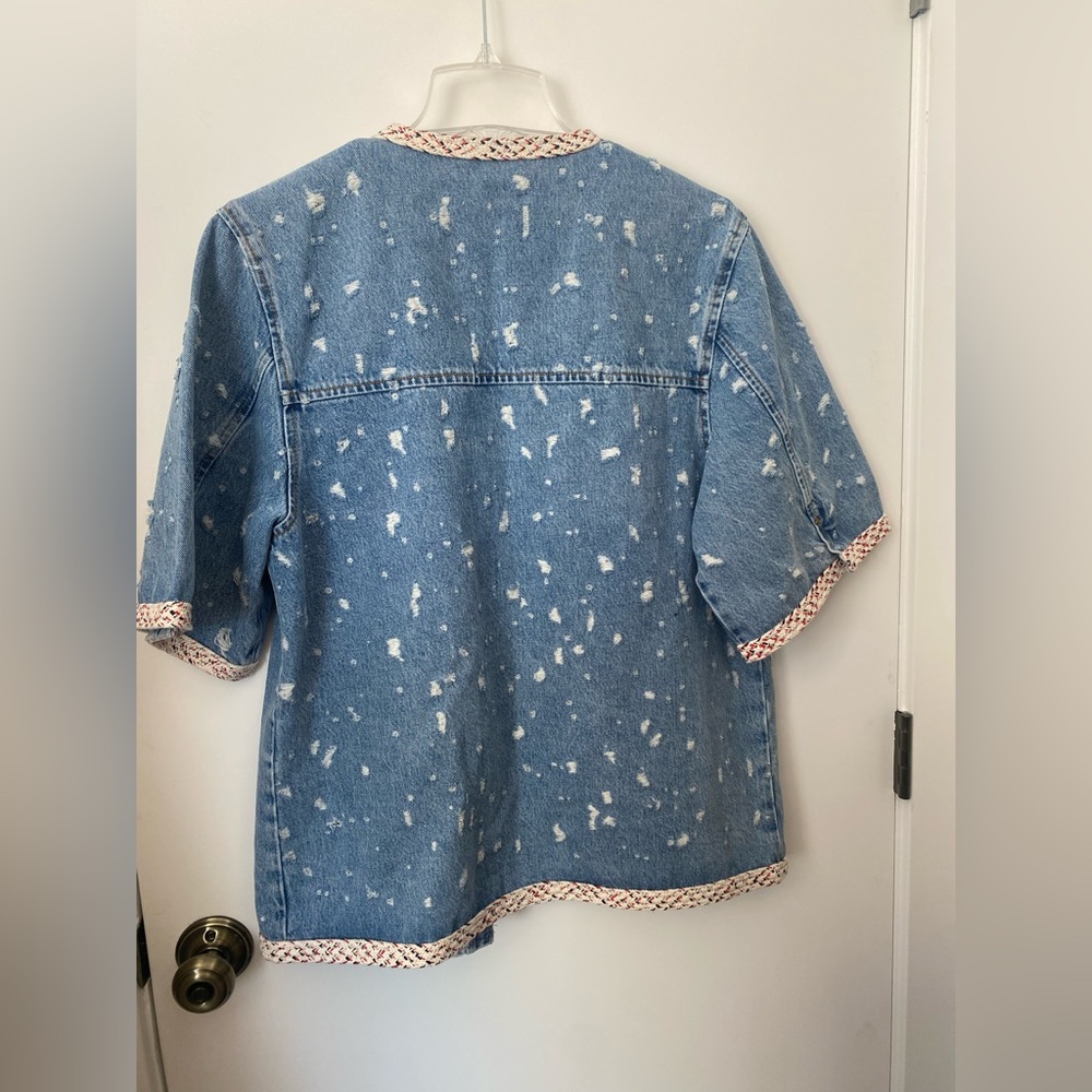 SANDRO Lorette Distressed Short Sleeve Demin Jacket NWT - Picture 8 of 9